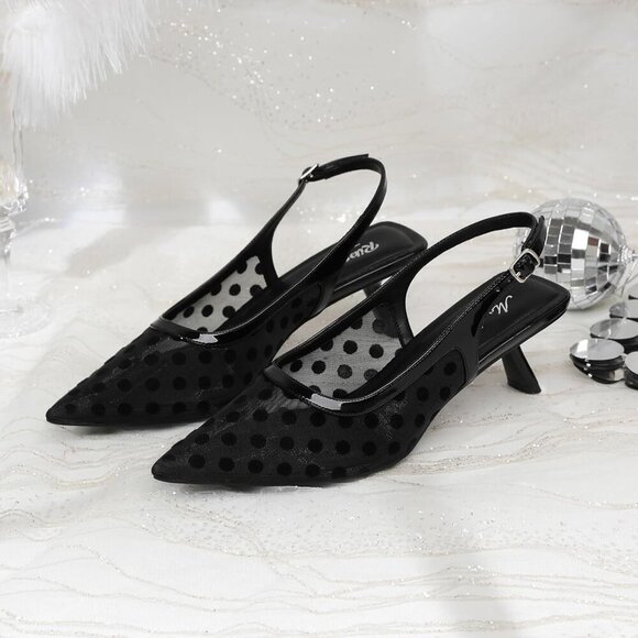 Women's Black Polka Pointed Toe Pumps Patent Leather Slingback Heels With Buckle - Picture 8 of 9